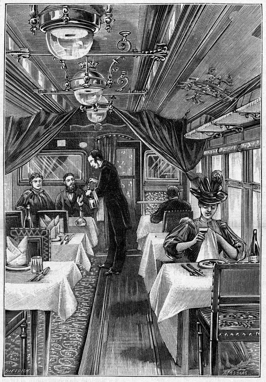 Lyxtåg i Europa: invändig vy av en restaurangvagn. Gravyr i "" Nature: granskning av vetenskaperna och deras tillämpningar på konst och industri"" av 1 maj av Unknown artist