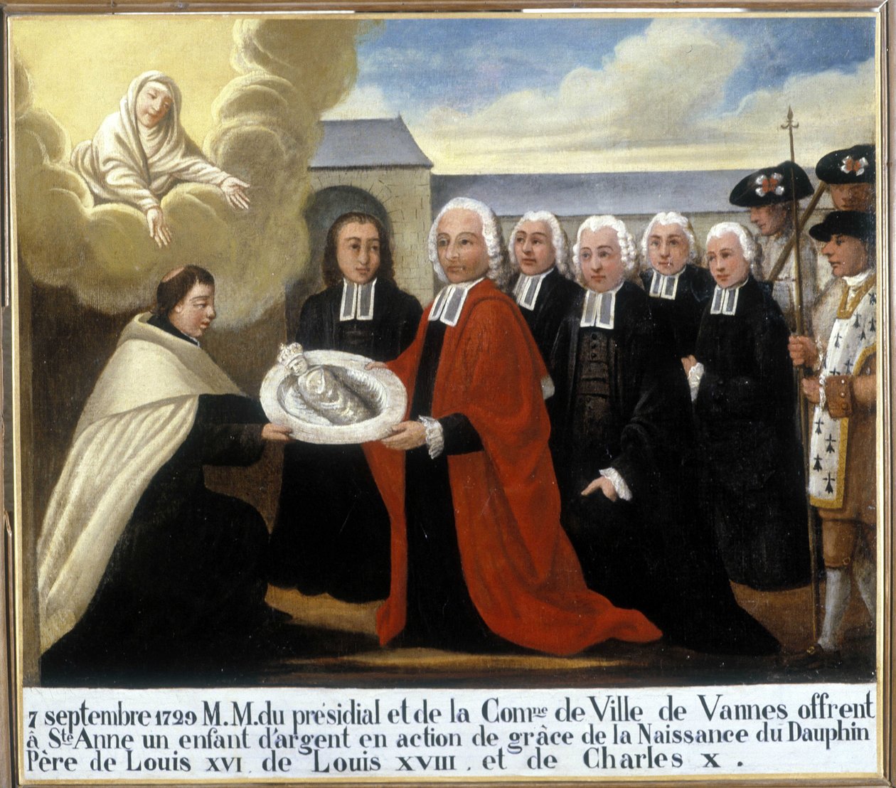 MM du Presidial et de la Commune de Vannes erbjuder Saint Anne ett silverbarn i tacksägelse från födelsen av delfinen Louis de France (1729-1765), 7 september 1729 - Ex-Voto Sainte Anne d