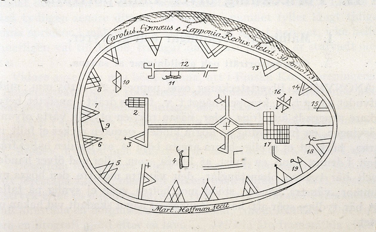 Magisk trumma av shamaner i Lappland, illustration av en bok om Linnes resa av Unknown artist