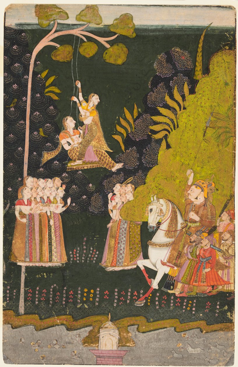 Maharaja Abhai Singh av Marwar (f. 1724–49), ridsport, tittar på flickor som svänger på Teejfestivalen av Unknown artist