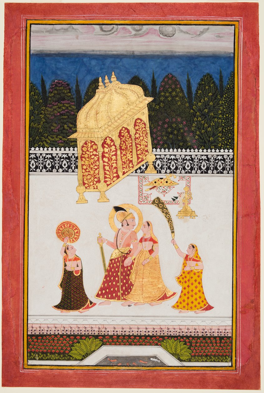 Maharana Ari Singh II av Mewar (f. 1761–73) med sin gemål på en terrass av Unknown artist