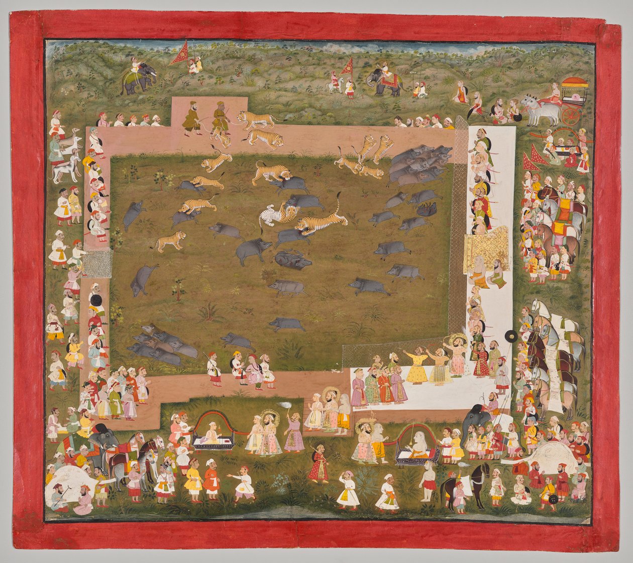 Maharana Sangram Singh II av Mewar (f. 1710–34) och arrangerar en galtjakt med tigrar vid Sadri av Unknown artist
