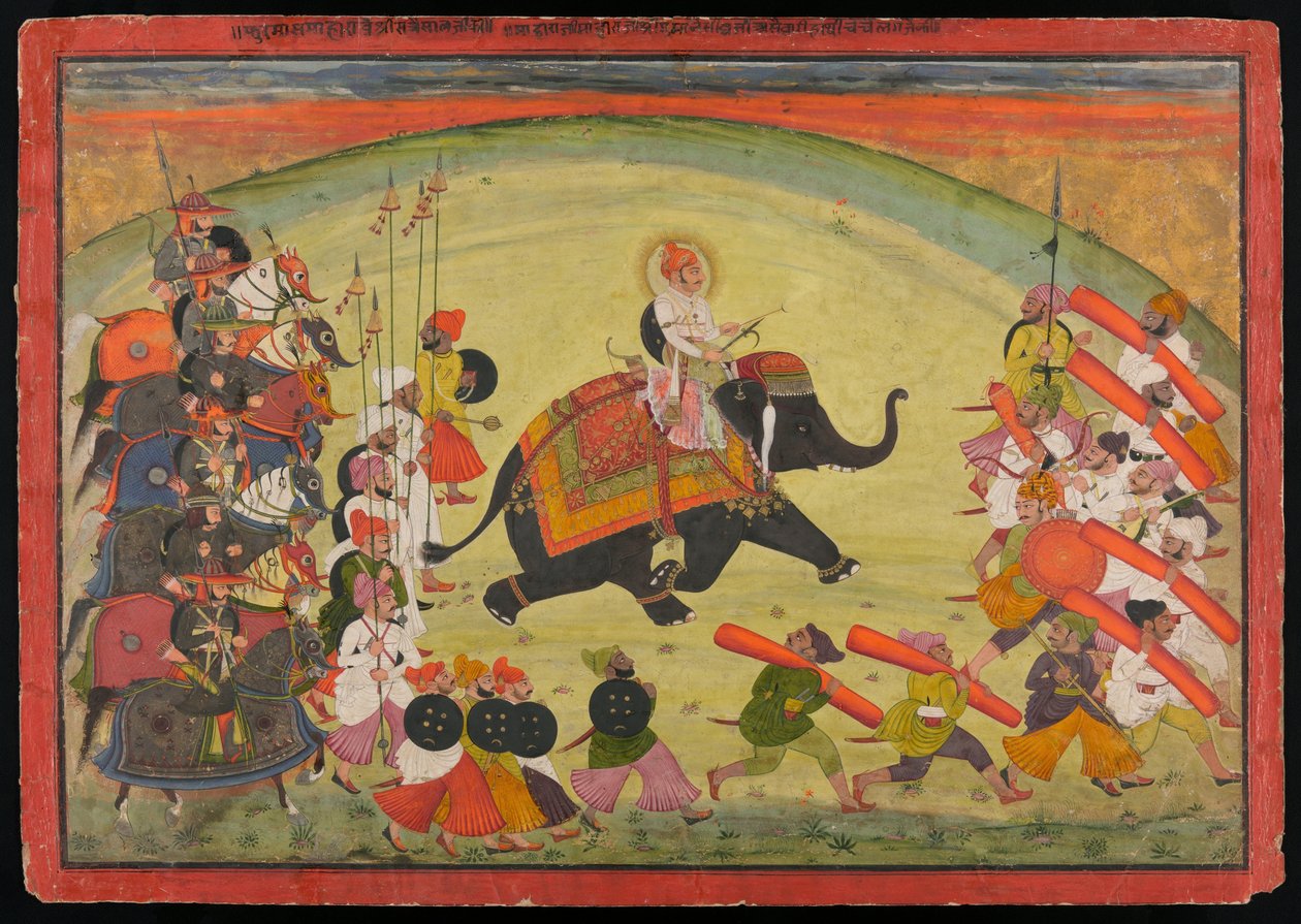 Maharao Guman Singh rider på en elefant i procession av Unknown artist