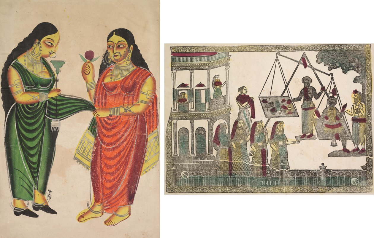 Maid som kommer med en vattenpipa till en dam (recto); Krishna viktad mot dyrbara föremål (?) (verso) av Unknown artist