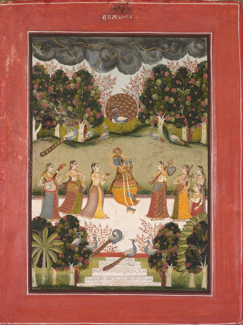 Malar Ragini: Krishna spelar flöjt till Seven Gopis som håller musikinstrument, från Ragamala-serien av Unknown artist