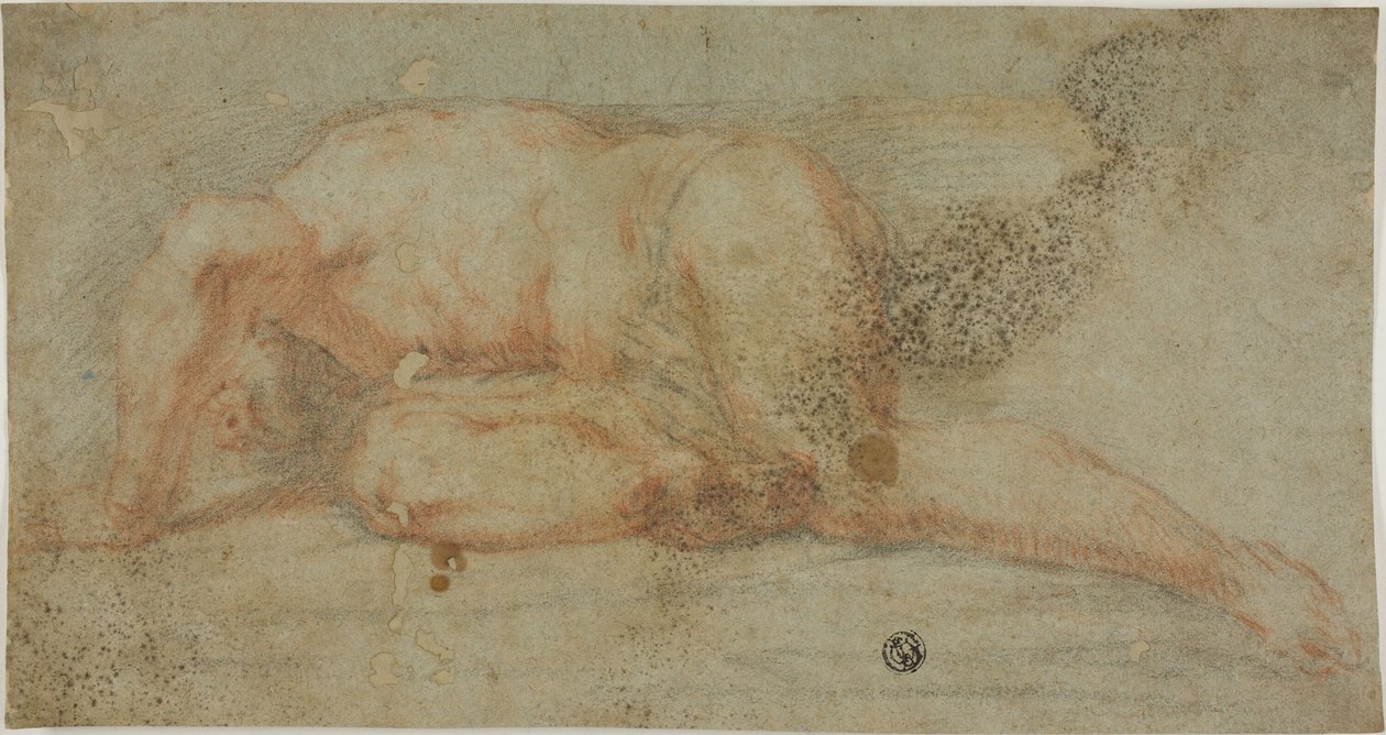 Man ligger ner, arm över huvudet av Unknown artist