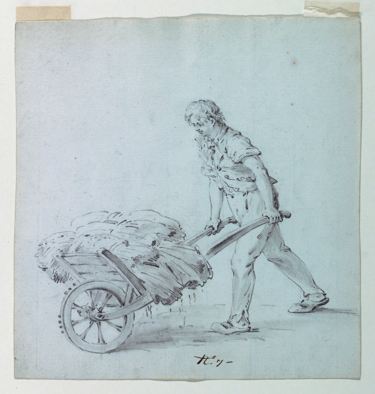 Man som skjuter en skottkärra, möjlig skiss för en ö för ett bomullstryck av Unknown artist