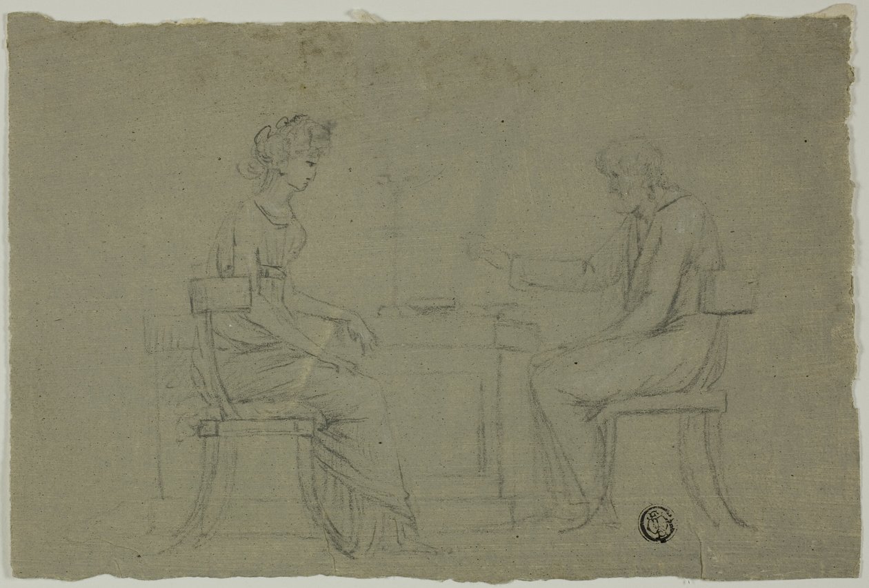 Man och kvinna sitter vid bordet av Unknown artist