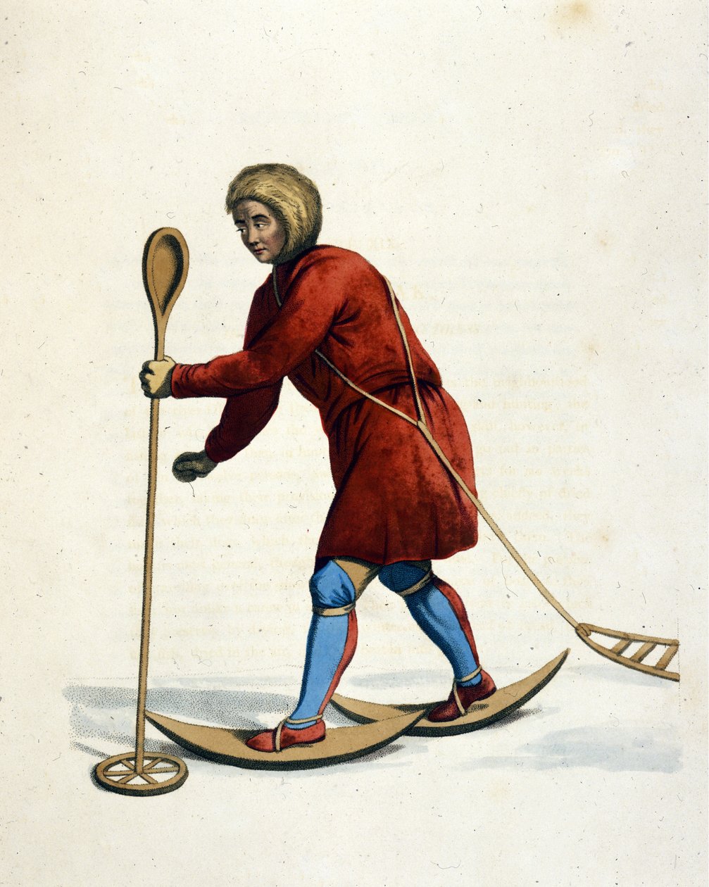 Man av Ostiak-stammen (Khanty eller Khante) (Sibirien) åker skidor. Gravyr av "Det ryska imperiets kostym" London 1803. av Unknown artist
