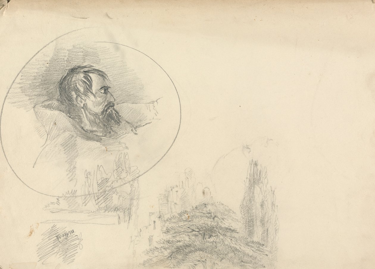 Man med huva och landskap av Unknown artist