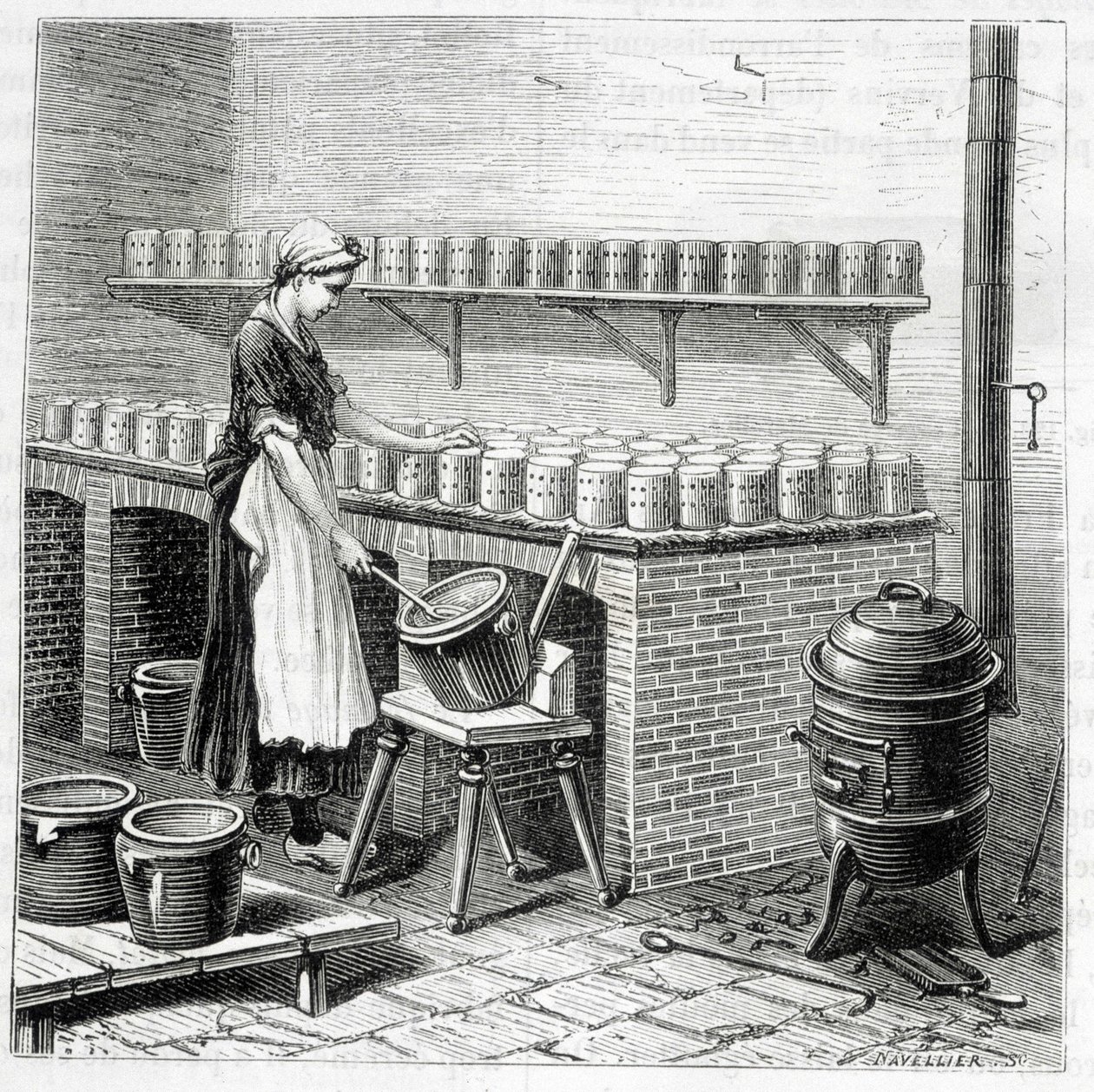 Tillverkning av camembertost (ostmassa hälls i musslor) - i "" Industrins underverk"" av Louis Figuier av Unknown artist