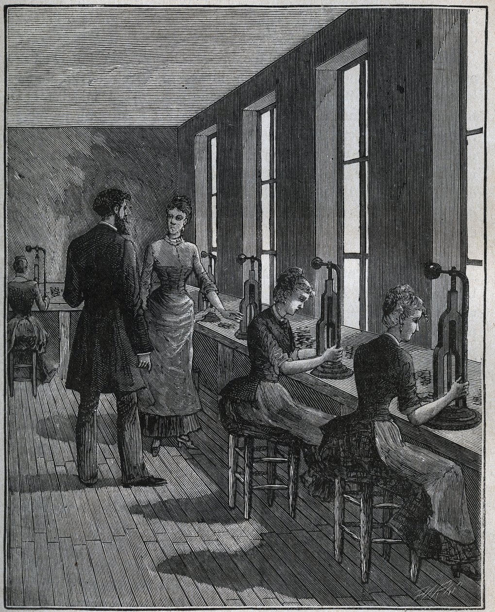 Tillverkning av metallfjädrar: decoupageverkstad i Frankrike på 1800-talet. Gravyr från 1885 i "" Les arts et metiers illustres"" av Adolphe BITARD. av Unknown artist