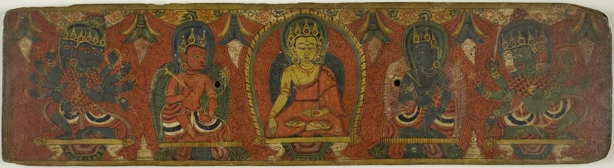 Manuskriptomslag med Buddha, två bodhisattvor och två skyddsgudar (Lokapalas) av Unknown artist