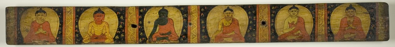 Manuskriptomslag med sex sittande buddhor med olika handgester (mudras) av Unknown artist