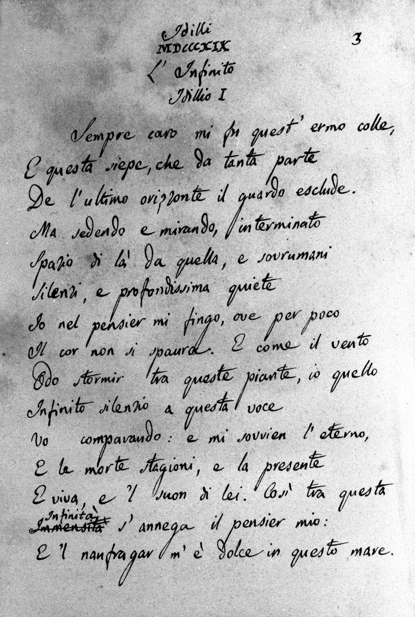 Manuskript av "" Idilli"" (Idyllerna) av den italienske poeten Giacomo Leopardi (1798 - 1837) 1800-talet av Unknown artist