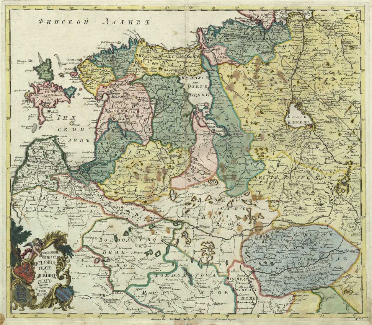 Karta över Estland och Livland - Anonym mästare - 1745 - Kopparstick, akvarell - Vetenskapsakademien, Sankt Petersburg av Unknown artist