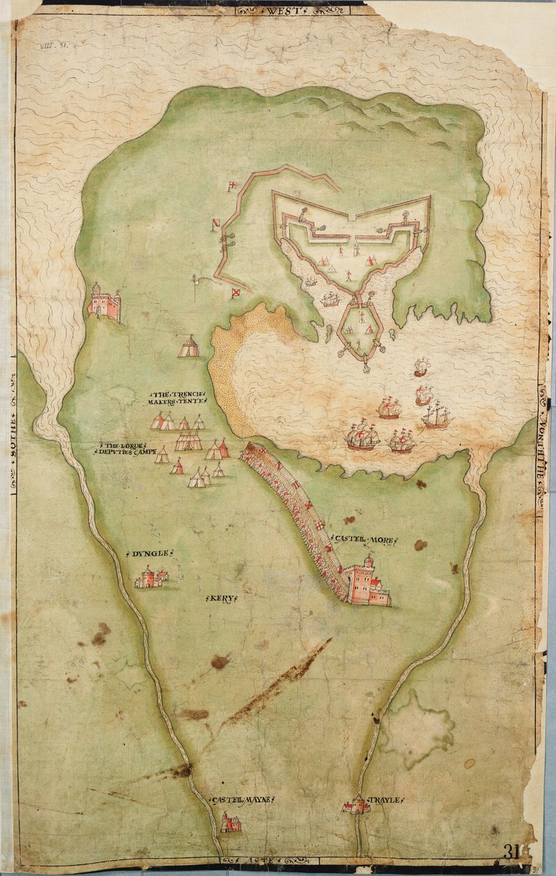 Karta över Smerwick, Irland, som visar det engelska jordverket med två kanoner för att attackera det spanska fortet och engelska soldater som marscherar ut ur Castell More av Unknown artist