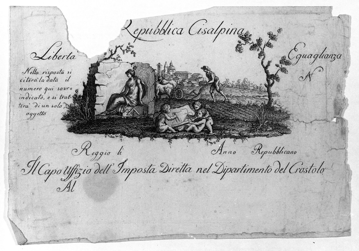Karta över den cisalpina republiken (Cisalpina), skapad av Napoleon Bonaparte den 27/06/1797 på fransk modell i Italien, som blev Italienska republiken 1802. Den franska republikens värden är inskrivna i den (Liberte, Egalite). Gravyr Museo del ri av Unknown artist