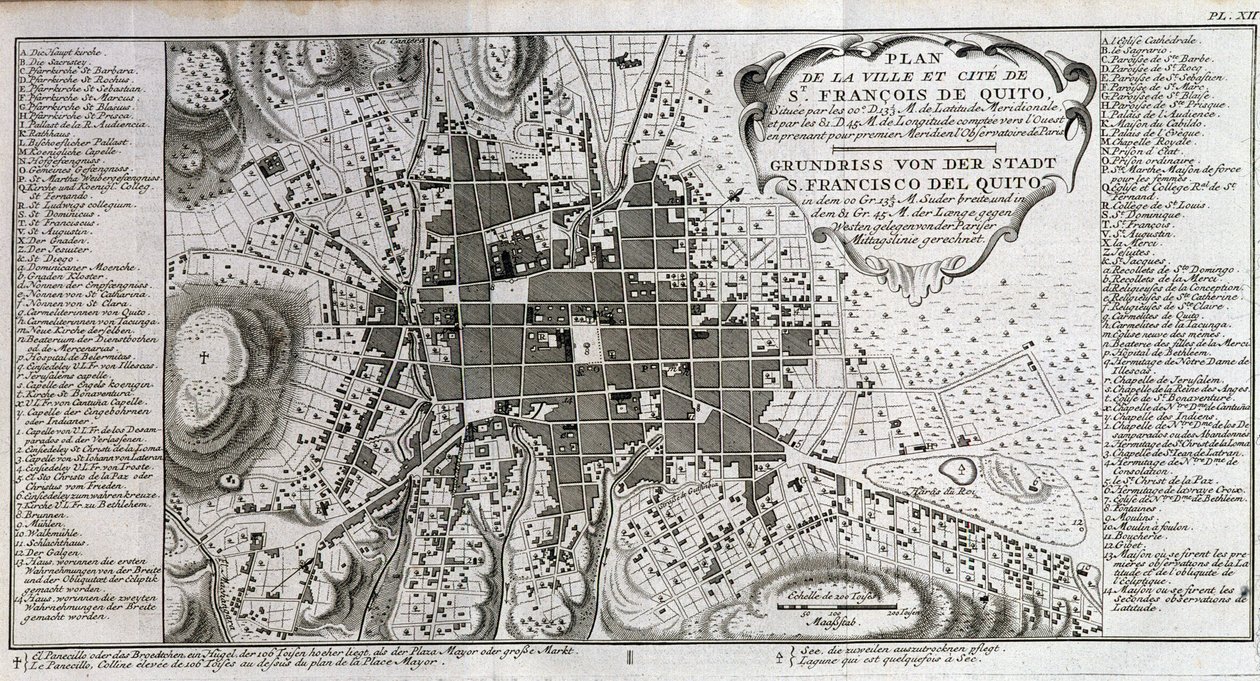 Karta över staden och staden St François de Quito - i "" Historical Journey of South America gjord på order av kungen av Spanien av Don George Juan och Don Antoine de Ulloa", T.1, vid C.A. Jombert, Librairie du Roi, Paris av Unknown artist