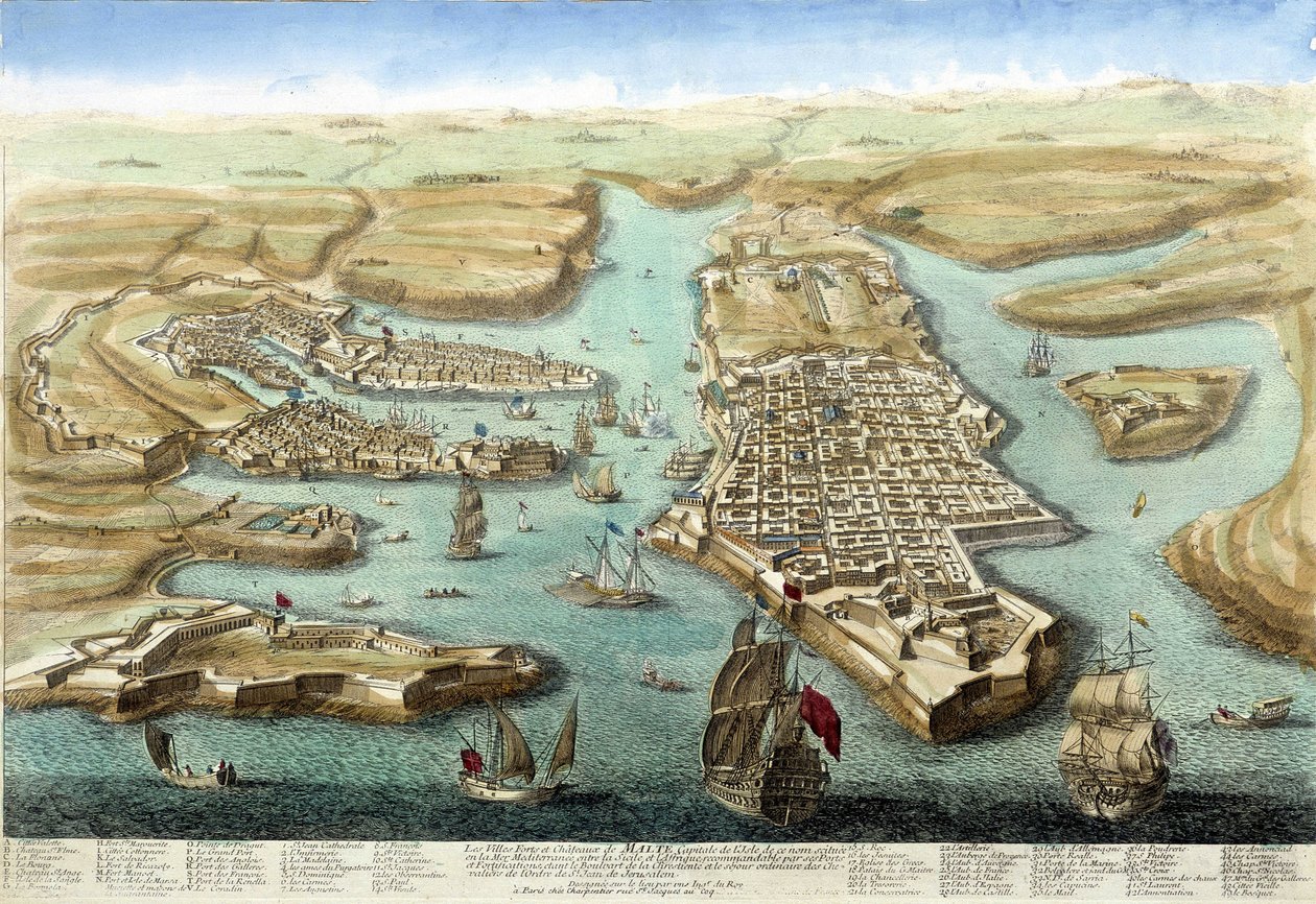 Karta över hamnen på Malta, dess befästningar och slottet. 1700-talsgravyr. av Unknown artist