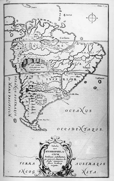 Karta över Sydamerikas floder - i "The Sousterrain World", Athanasi Kireheri, cirka 1600. av Unknown artist