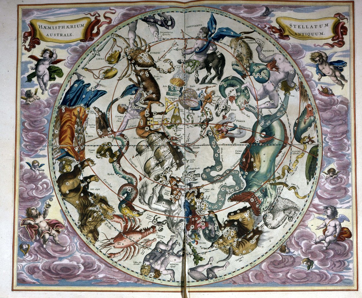 Karta över himlen och zodiakens tecken - faksimil av en gammal komposition som representerar konstellationerna på den södra himlen, enligt "Harmonia Macrocosmica" av André Cellarius av Unknown artist