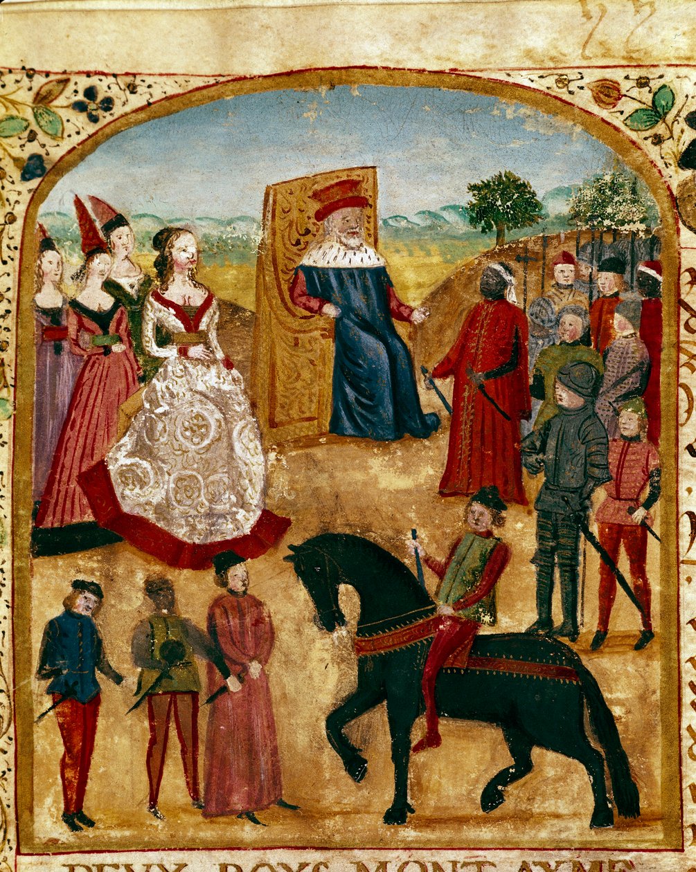 Margareta av York (eller Margaret Plantagenet eller Bourgogne eller England) (1446-1503) träffar sin man Karl av Valois Bourgogne känd som Karl Temerary, hertig av Bourgogne till Damme 03/07/1468 Miniatyr hämtad från "" Faktaboken av Alexander den Grea av Unknown artist
