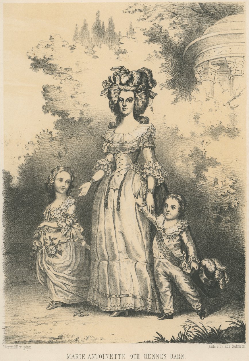 Marie-Antoinette går med sina barn (litho) av Unknown artist