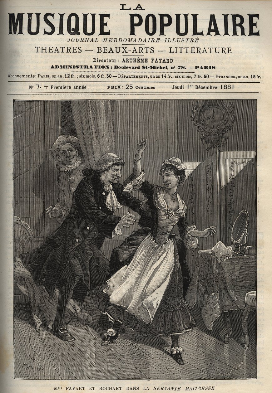 Marie Justine Benoite Duronceray, kallad Madame Favart, och Rochart (Rochard) i "Servante Maitresse" (Serva padrona) av Pergolese (Giovanni Battista Pergolesi) - gravyr i "" Popular Music""" berömda veckotidning - 1882 av Unknown artist