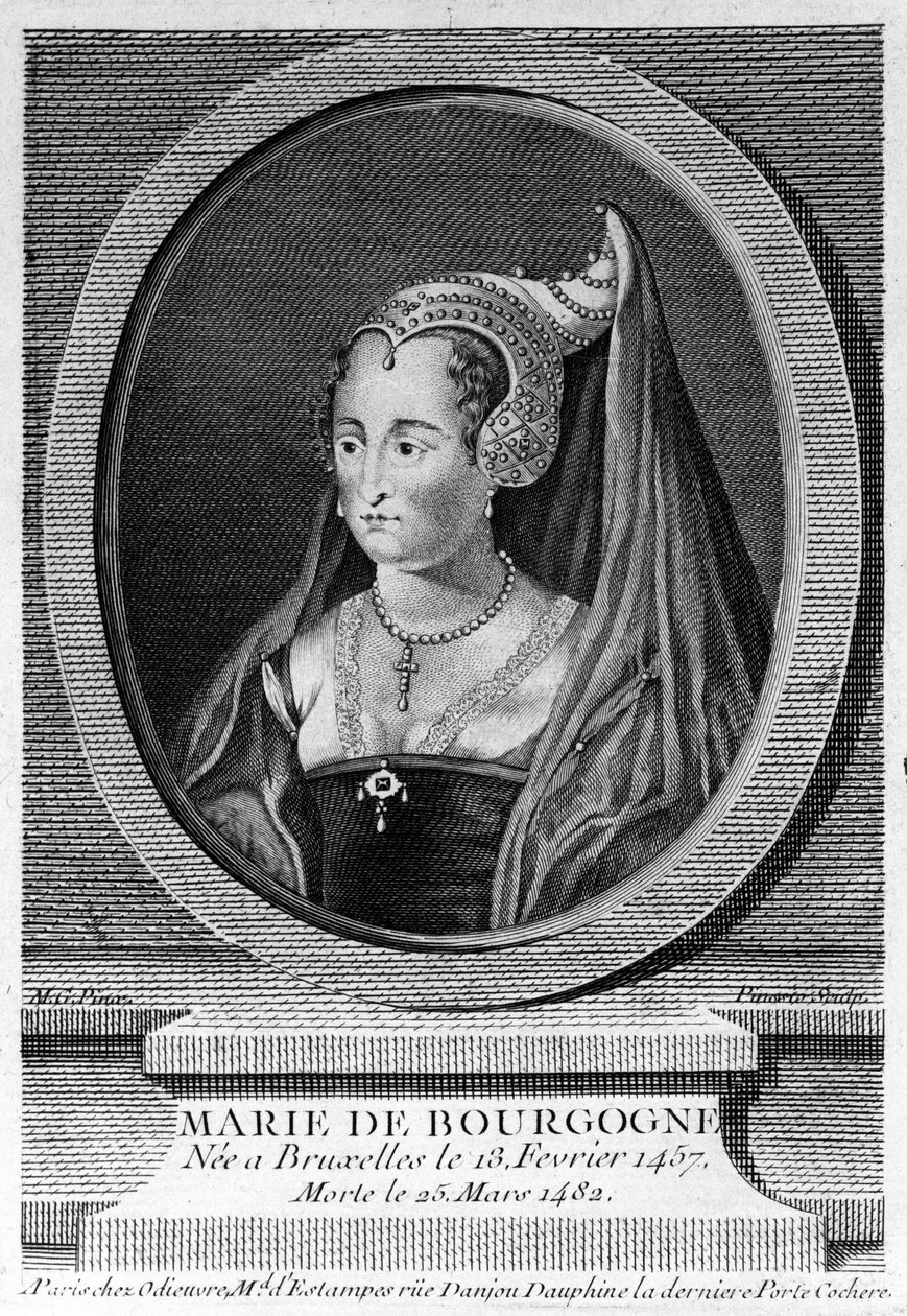 Marie av Bourgogne (1457 - 1482), dotter till Karl den djärve och fru till Maximilian av Österrike. 1800-talsgravyr. av Unknown artist