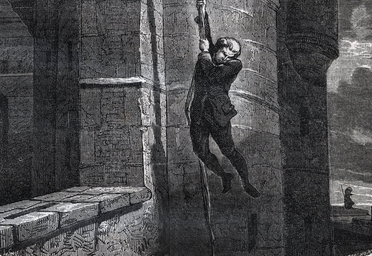 Masers De Latude flyr från Bastille - Escape de la Bastille av Jean Henry, dit Danry, dit Masers de Latude (1725-1805) - gravyr i ""Dictionnaire populaire illustrious"" - 1864 - av Joseph Decembre och Edmond Allonier - av Unknown artist