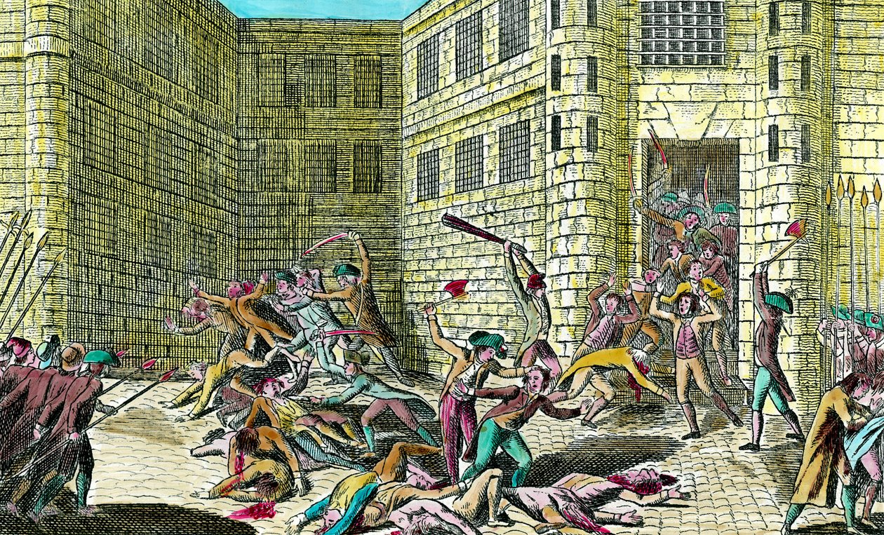 Massaker av fångarna i Saint Germain-klostret av folket i september 1792. Scen för den franska revolutionen. Gravyr av 1700-talet. Privat samling. av Unknown artist