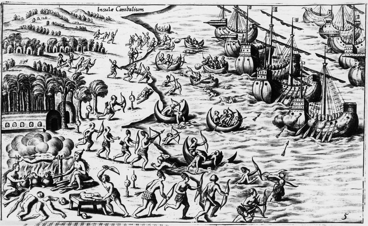 Möte mellan folket i Christopher Columbus och kannibalerna - i "New Tipus After the Voyage of the New World" av Philoponus Honorius av Unknown artist