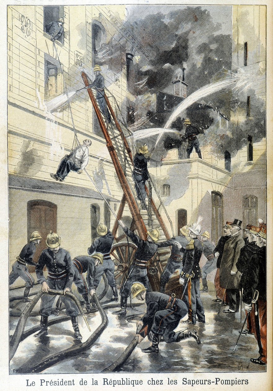 Möte av republikens president Felix Faure, med brandmän under ett ingripande mot en brand. Illustration av den "lilla tidningen" från 1898. av Unknown artist