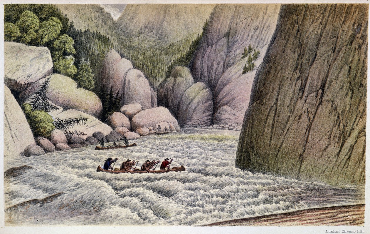 Men in Canoeing Descending Rapids: "" En flykt vid den fjärde forsen""" - i "" Exploration of the Labrador Peninsula"" av Hind, London av Unknown artist