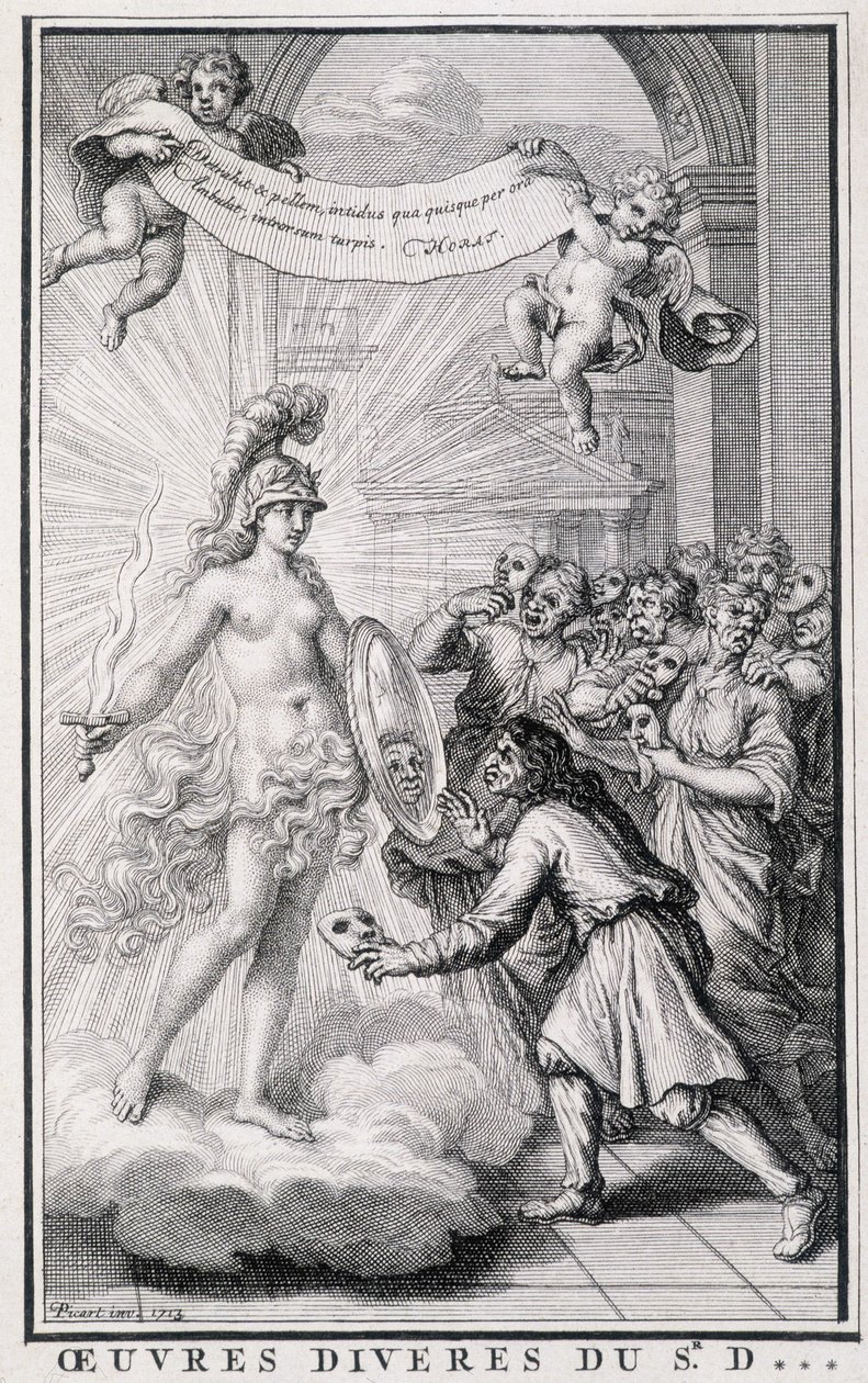Män tittar på sig själva utan sina masker framför spegeln av sanningens allegori. Gravyr av 1700-talet. av Unknown artist