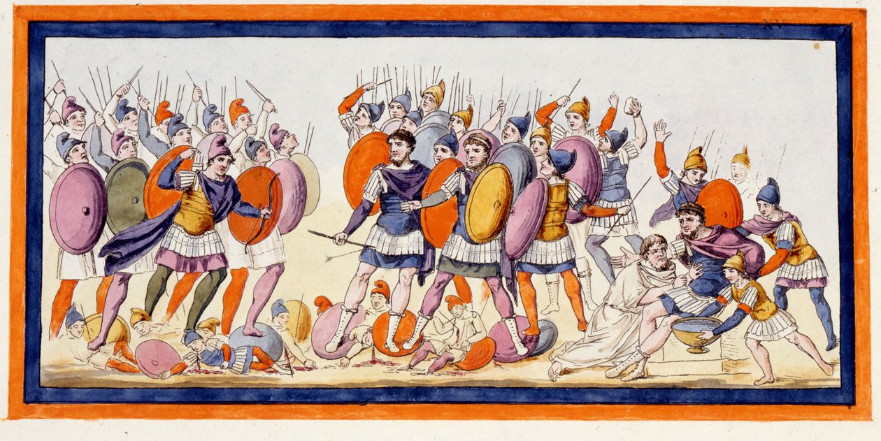 Menelas (till höger), en grekisk krigare har precis sårats av en pil från en allierad till trojanerna. Iliaden, sång IV. Gravyr från slutet av 1700-talet. av Unknown artist