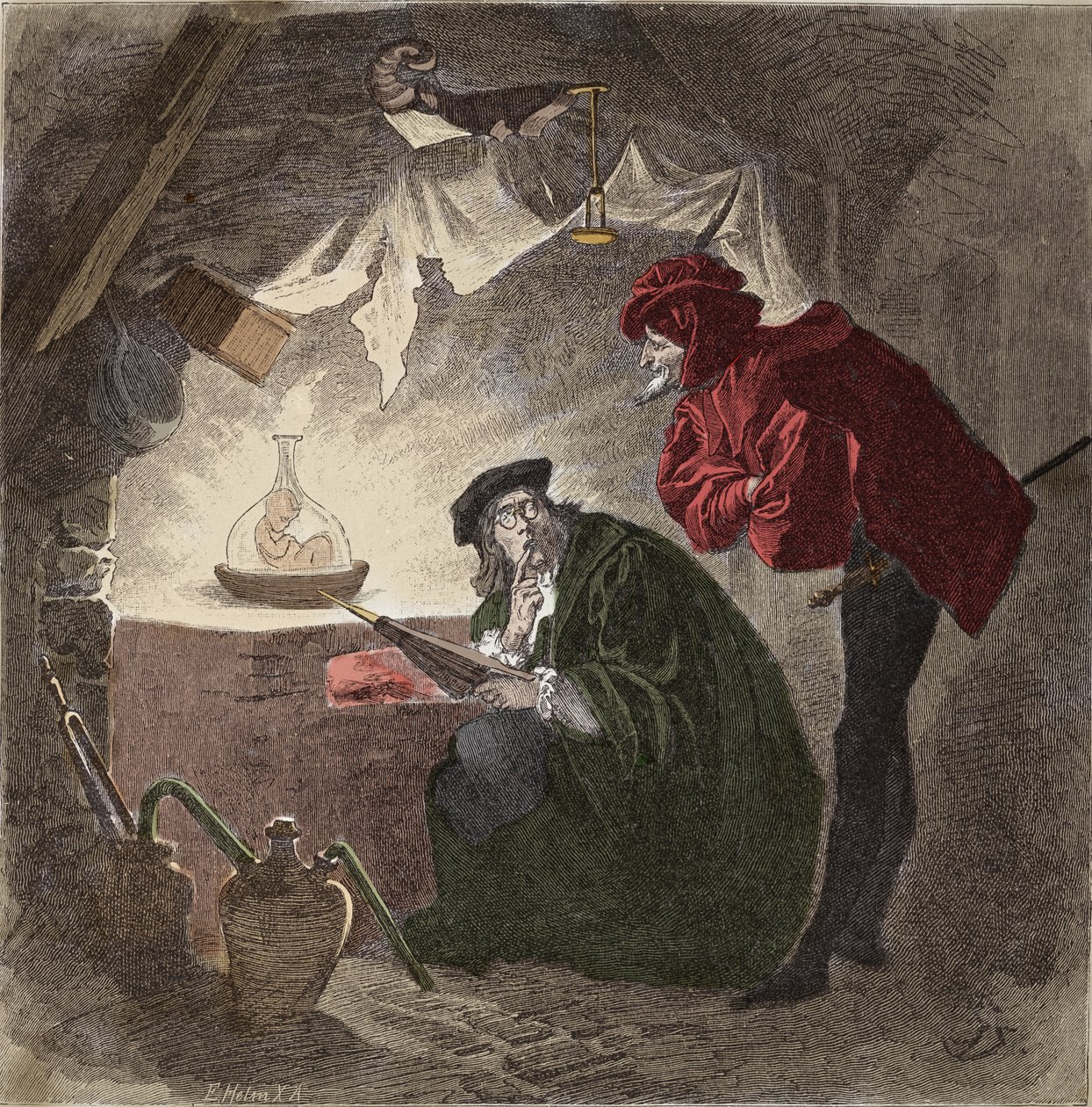 Mephistopheles (Mephisto) a Faust Illustration de "" Faust"" av Johann Wolfgang von Goethe (1749-1832) (Illustration för "" faust""" av Goethe) Gravyr av Unknown artist