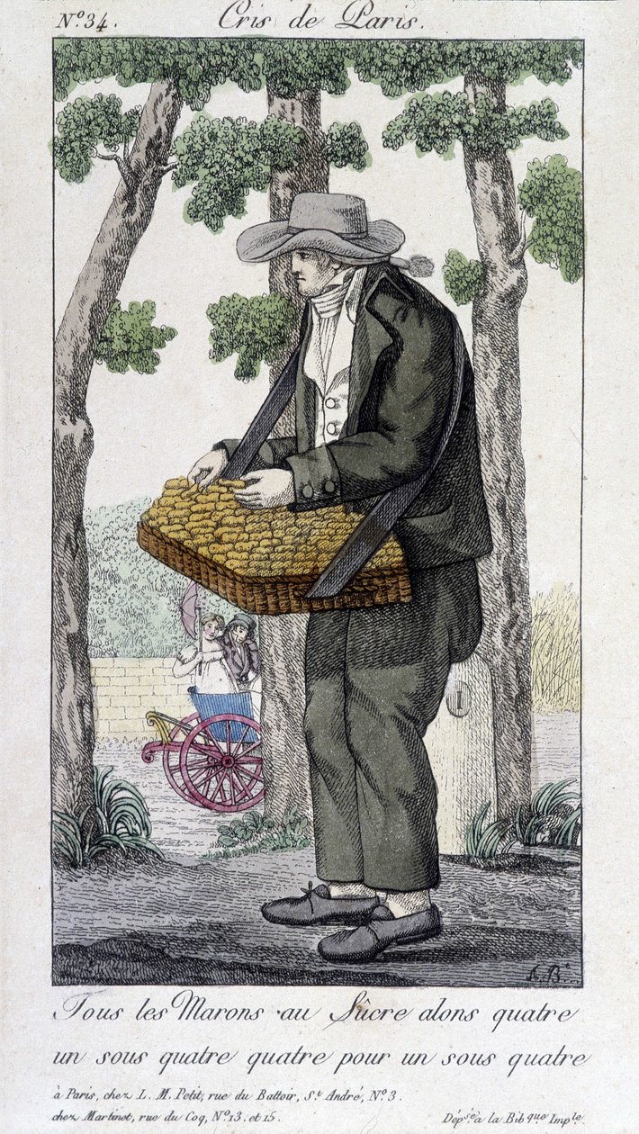 Kastanjershandlare med socker - i "" Cris de Paris", deb. 1800-talet av Unknown artist
