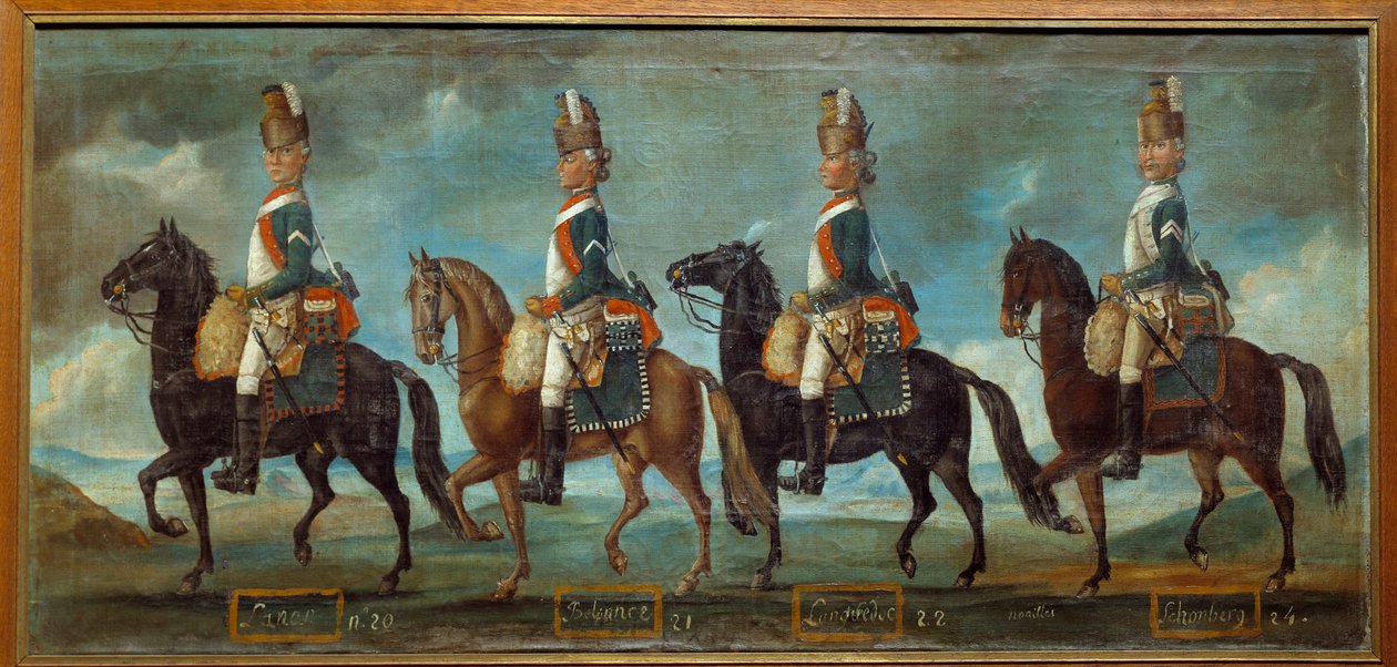 Militära uniformer av drakar, enligt ordern från 1779: regementen Lanan (n. 20), Belsunce (n. 21), Languedoc (n. 22), Schomberg (n. 24) Anonym målning från 1779. Paris, Musee de l