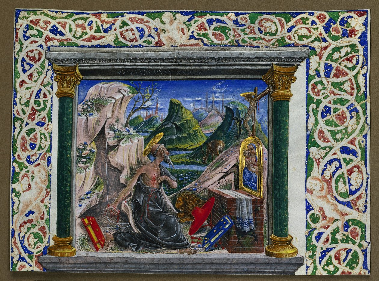 Miniatyr ur ett manuskript: St. Jerome i vildmarken av Unknown artist