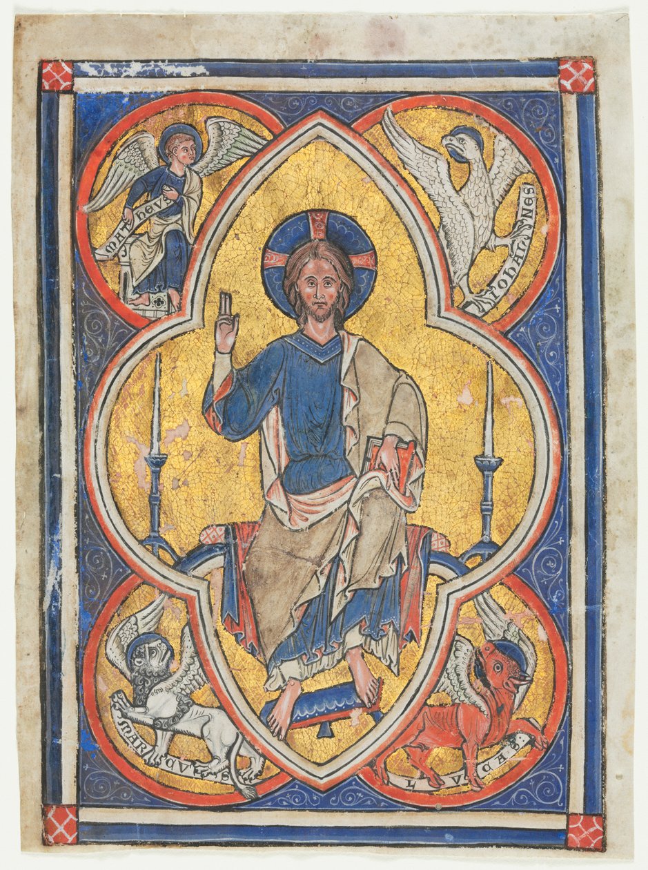 Miniatyr utskuren från en psalter: Kristus i majestät med symboler för de fyra evangelisterna av Unknown artist