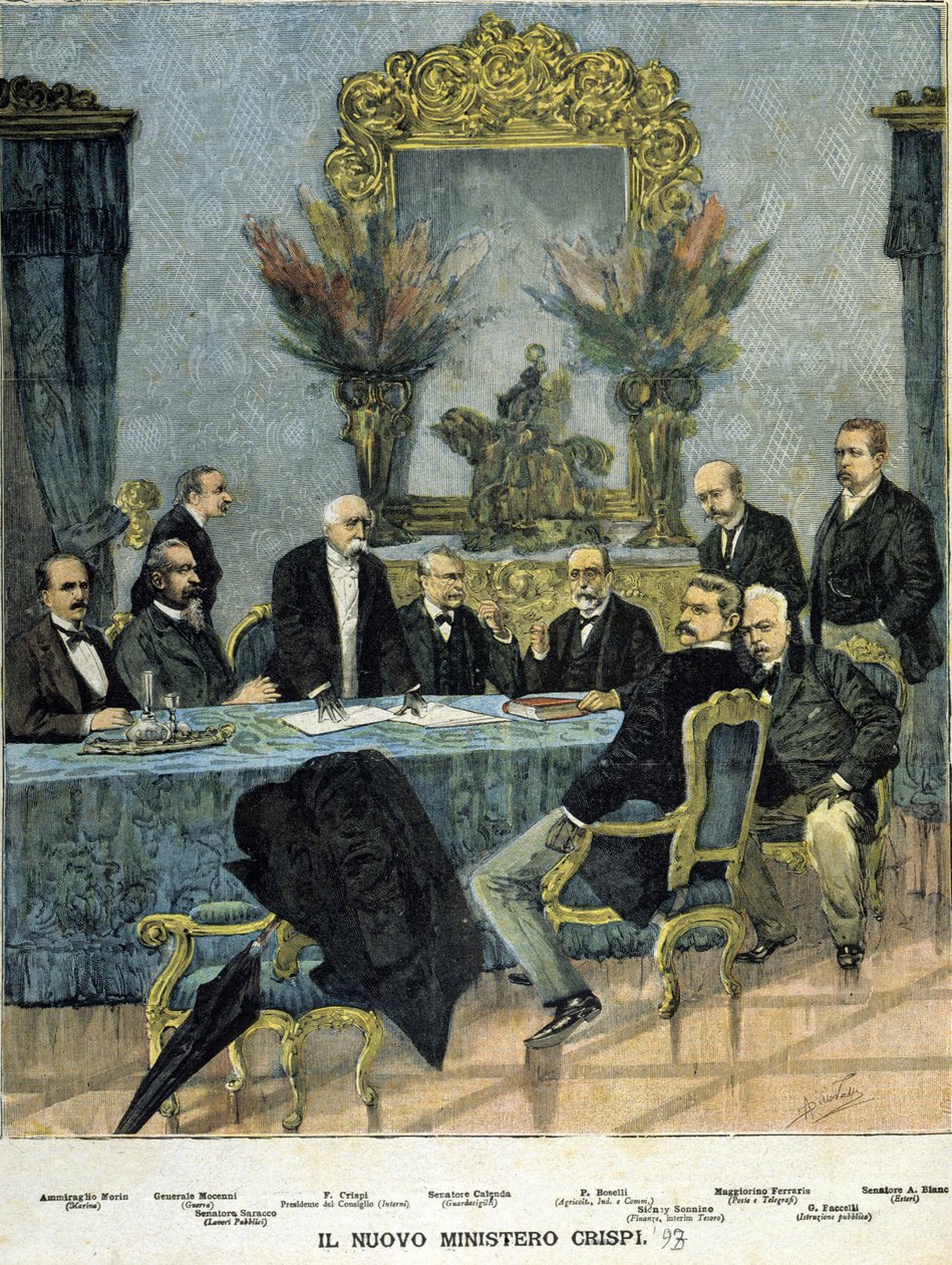 Ministrar för den nya "Crispi"-regeringen: från vänster till höger amiral Morin, general Mocenni, Francesco Crispi, senator Calenda, P. Boselli, Sidney Sonnino, Maggiorino Ferraris, G. Faccelli och senator A. Blanc av Unknown artist