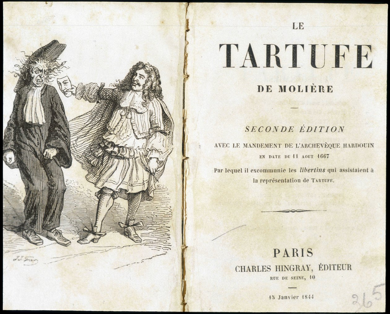 Moliere skrämmer en kyrkoherde med hjälp av en teatermask - Frontispice du "Tartuffe" (Tartufe) de Molière, red. Hingray, Paris av Unknown artist