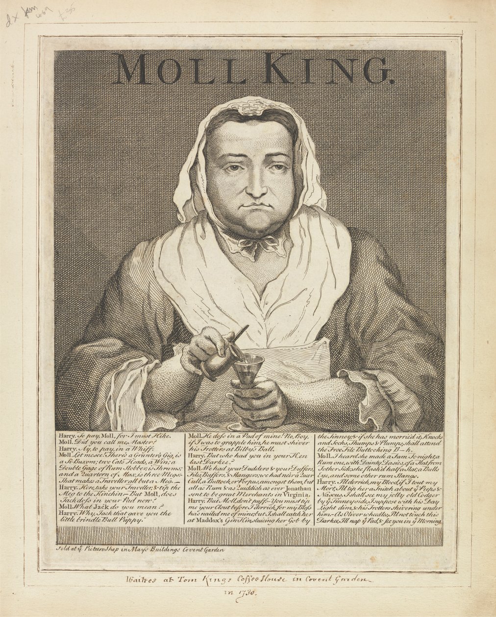 Moll King (コヴェント ガーデンにあるキングズ コーヒー ハウスの悪名高い愛人のブロードサイドに刻まれた肖像画) スウェーデン語 av Unknown artist