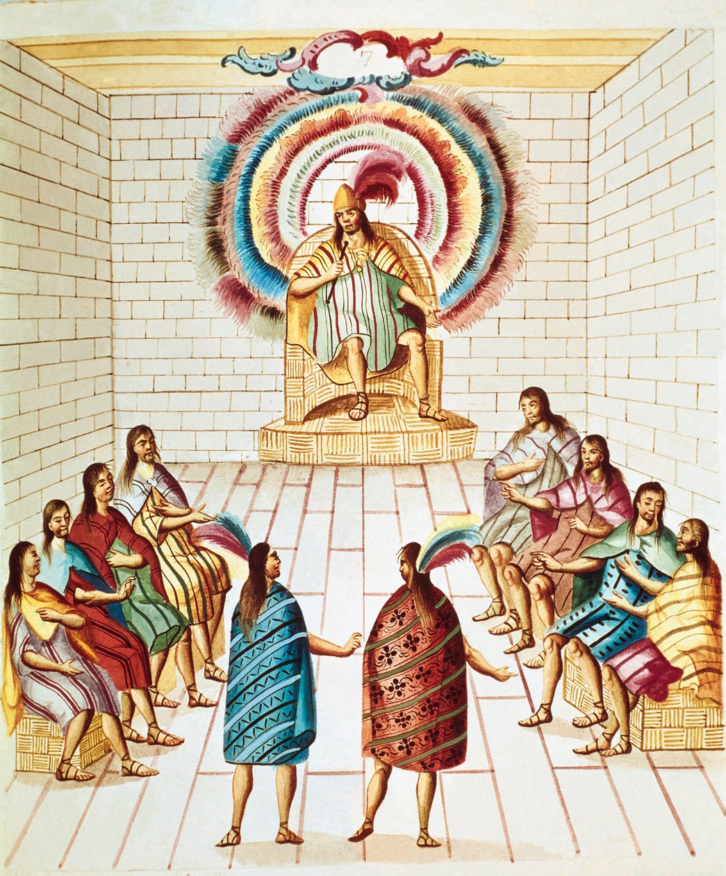 Montezuma (eller Moctezuma II), aztekisk kejsare (1466-1520) och hans råd Akvarell tecknad från "Teatro de la Nueva Espana" av Diego Garcia Panes (1730-1811) Mexico City, Nationalbiblioteket av Unknown artist