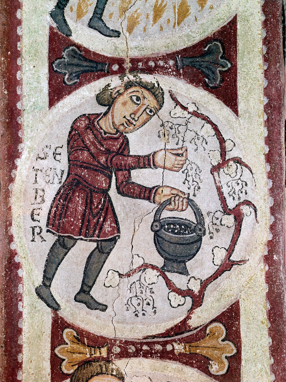 Månadscykel: september (skörd). Detalj av en fresk från 1100-talet från Royal Pantheon of the Real Colegiata of San Isidoro (Royal Collegiale of Saint Isidore). Leon. av Unknown artist