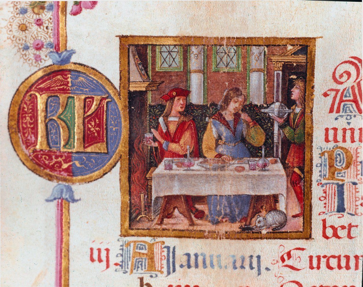 Januari månad: bankettscen. Miniatyr från Breviary of Hercules (Ercole) I d
