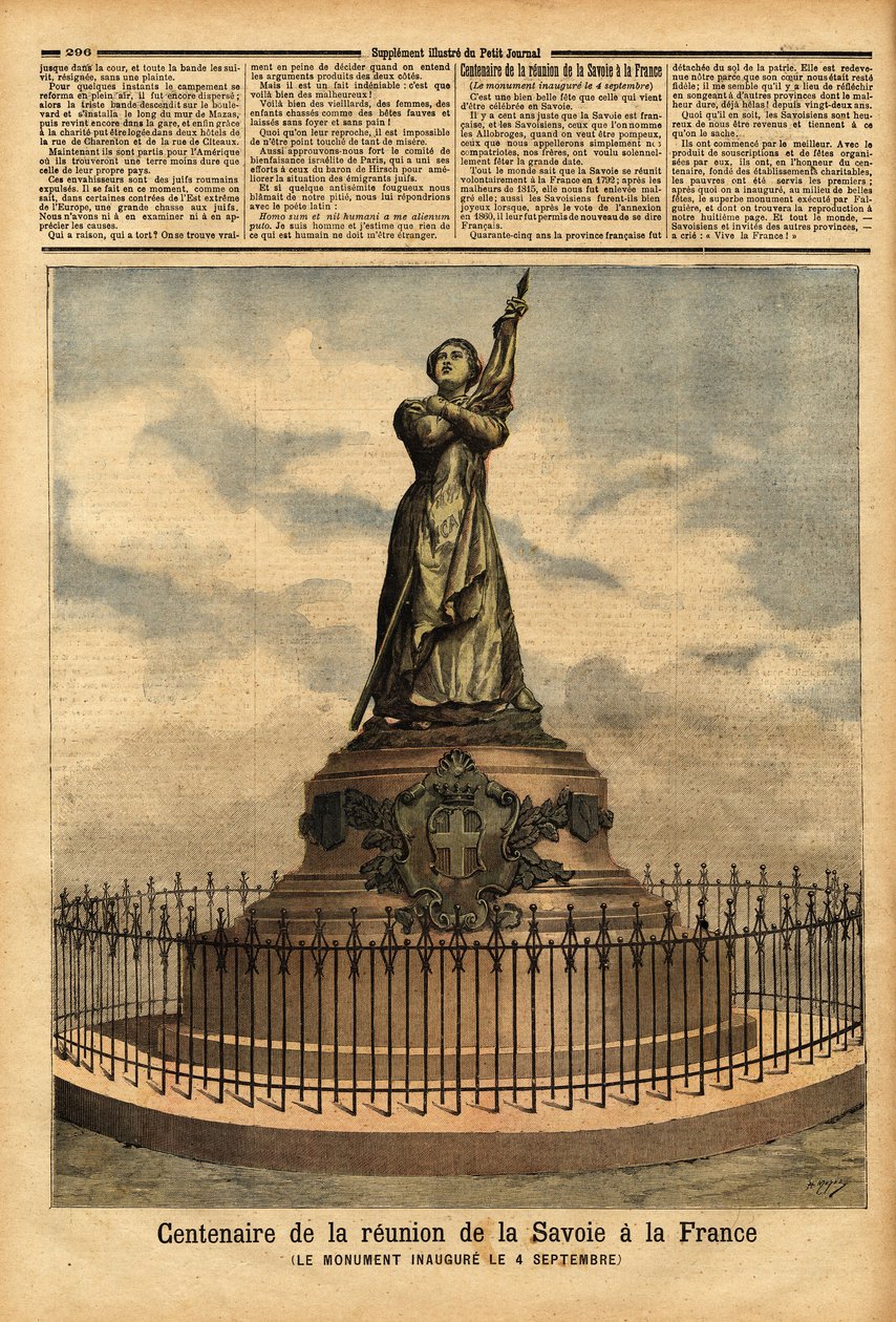 Monument till minne av hundraårsminnet av Savojens koppling till Frankrike (1792), av skulptören Falguiere, invigt den 4 september. Gravyr i "" Le petit journal"" 1892-10-10. Selvas samling. av Unknown artist