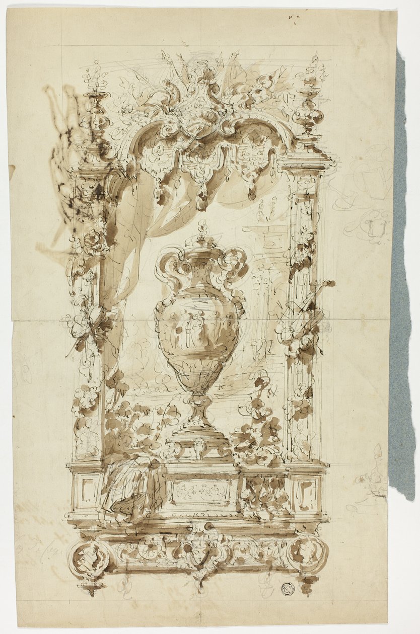 Monumental vas i prydnadsram (recto); Skiss av stående man med parasoll och papegoja samt arkitektoniska studier (verso) av Unknown artist